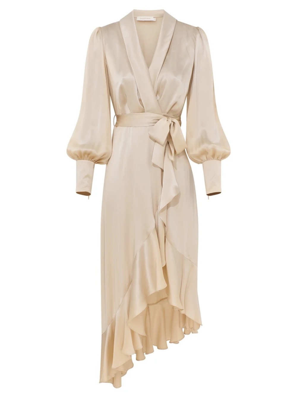 Zimmermann Cream Satin Wrap Midi Dress with Puff Sleeves
